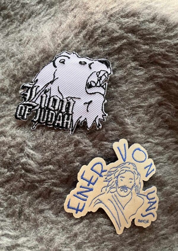 Glaubenssticker mit Jesus und Löwenmotto, christliche Marken, spirituelle Accessoires, Glaube.