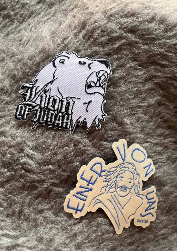 Glaubenssticker mit Jesus und Löwenmotto, christliche Marken, spirituelle Accessoires, Glaube.
