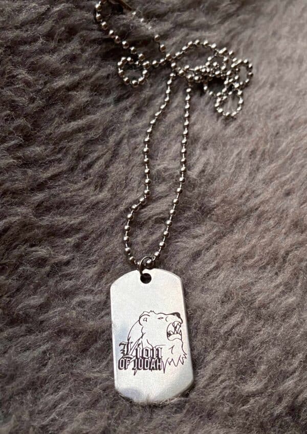 Stylisches Hundemarke mit Löwe und Bibelvers, christliches Haustier-Accessoire.