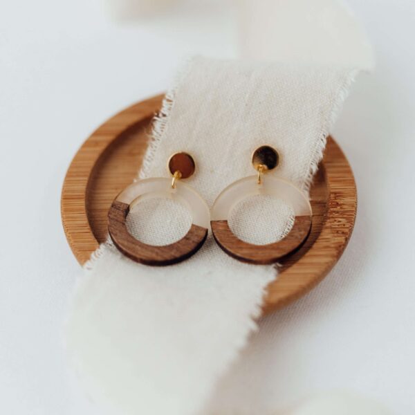 Moderne Christliche Schmuckohrringe mit Holz- und Acrylmaterialien.