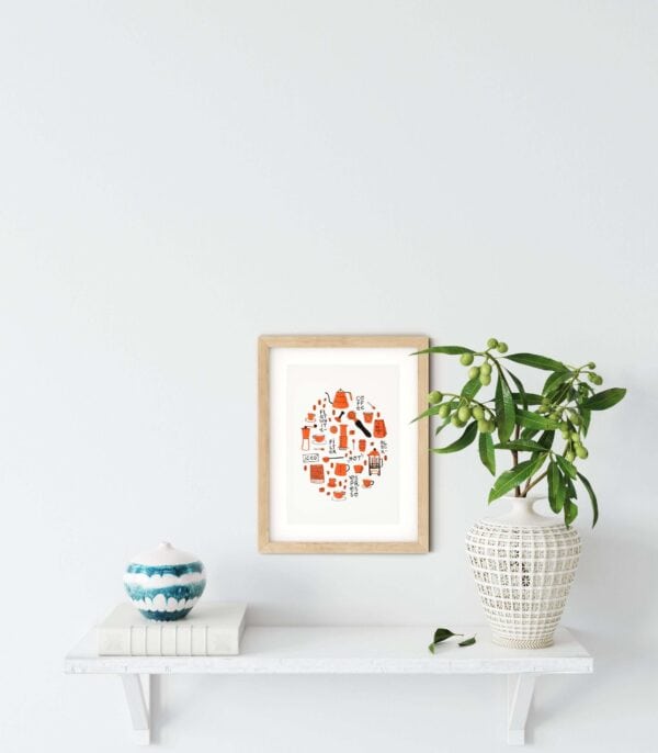 Kunstprint mit Tassen, Kaffee, Bibel, christliches Design auf weißer Wand, moderne Dekoration.