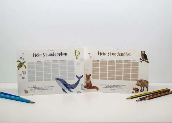 Naturkundlicher Stundenplan für Kinder mit Tiermotiven, nachhaltige Schulmaterialien, Kinderlernen.