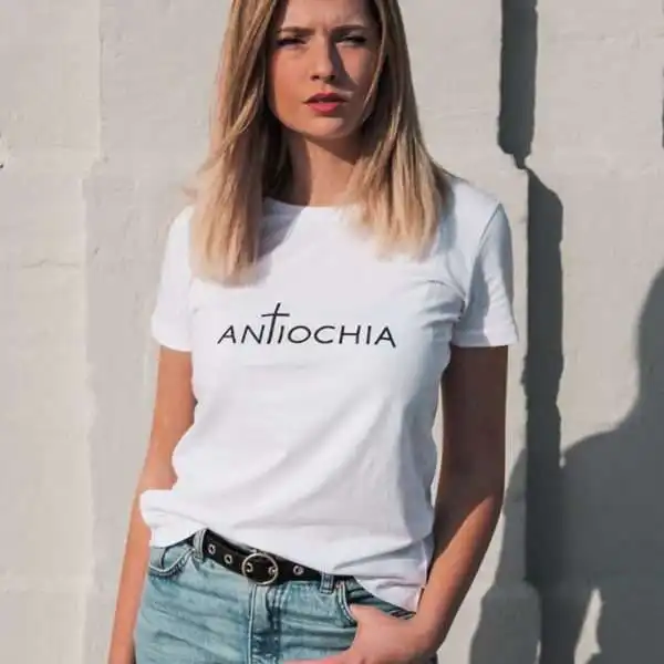 Moderner Christlicher T-Shirt mit Antiochia-Design, fair produzierte Markenbekleidung.
