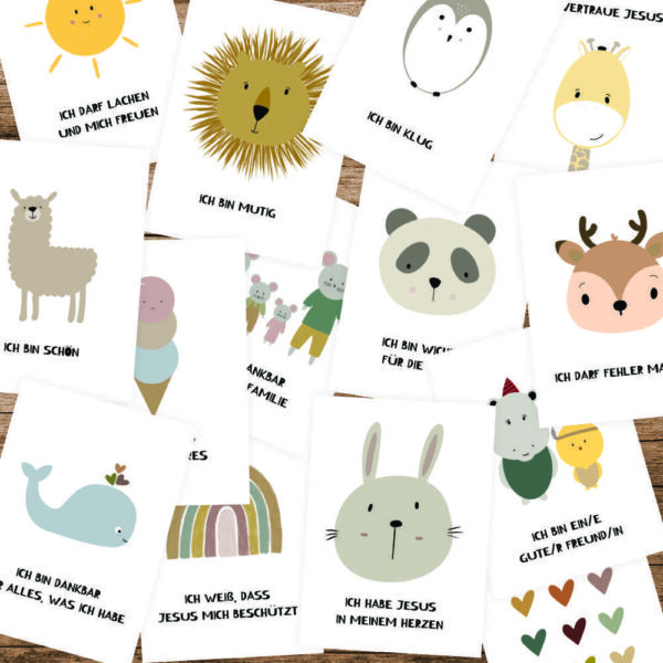 Liebevolle christliche Grußkarten für Kinder, Glaube, Mut und Freundschaft motivierend.
