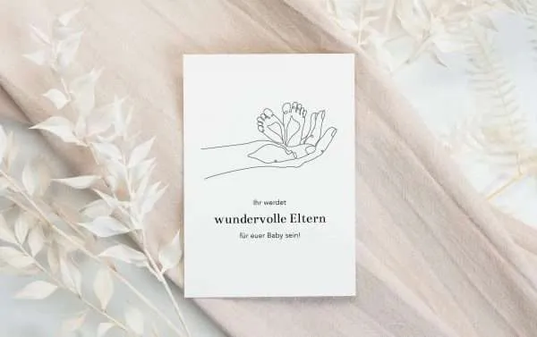 Einladungskarte zur Geburt eines Babys mit Handzeichnung und christlichem Thema.