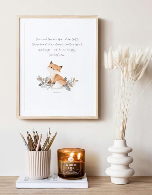 Sanftes Bibelbild mit Fuchs und christlicher Botschaft, Dekoration für Zuhause.