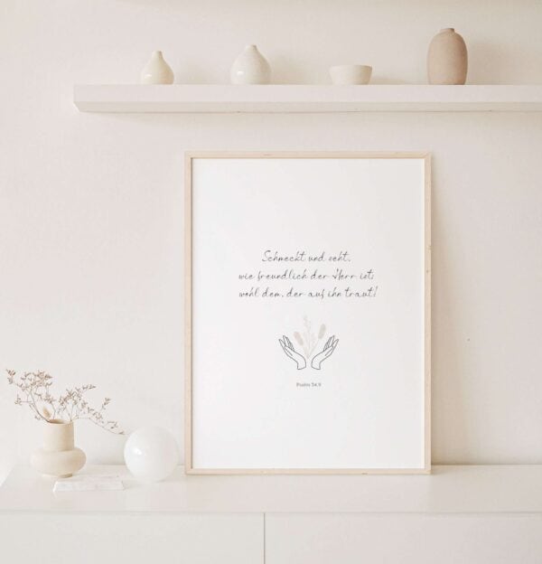 Stilvolle christliche Wanddekoration mit Psalm 34,9 auf Mookho.de.