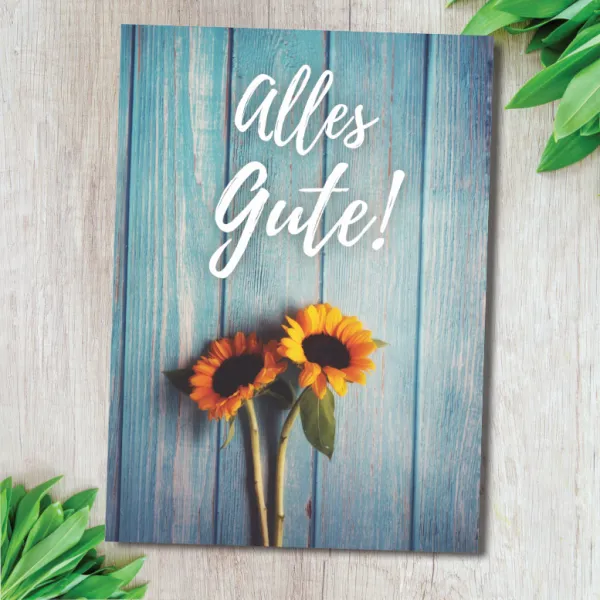 Lebensfrohe Grußkarte mit Sonnenblumen, christliche Grüße, Gottes Segen, Karten für Christen.