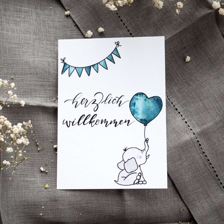 Eltern, Baby-Kartenset 6 Herzlich willkommen Karte mit Elefanten und Ballon, christliches Begrüßungsschild.