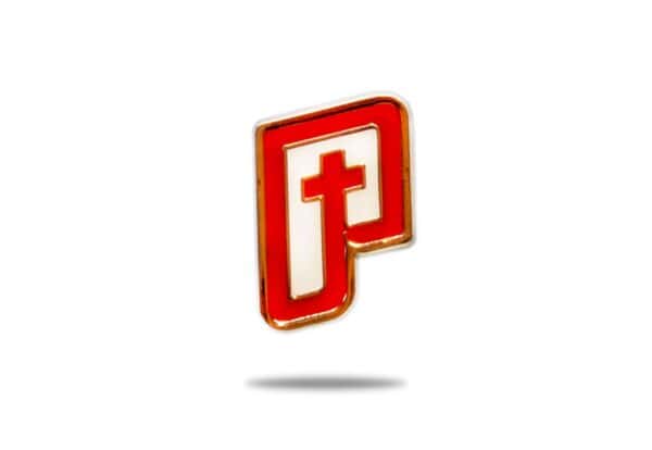 Kunststoffpin mit christlichem Kreuzmotiv, christlicher Markenartikel, christliche Botschaft.