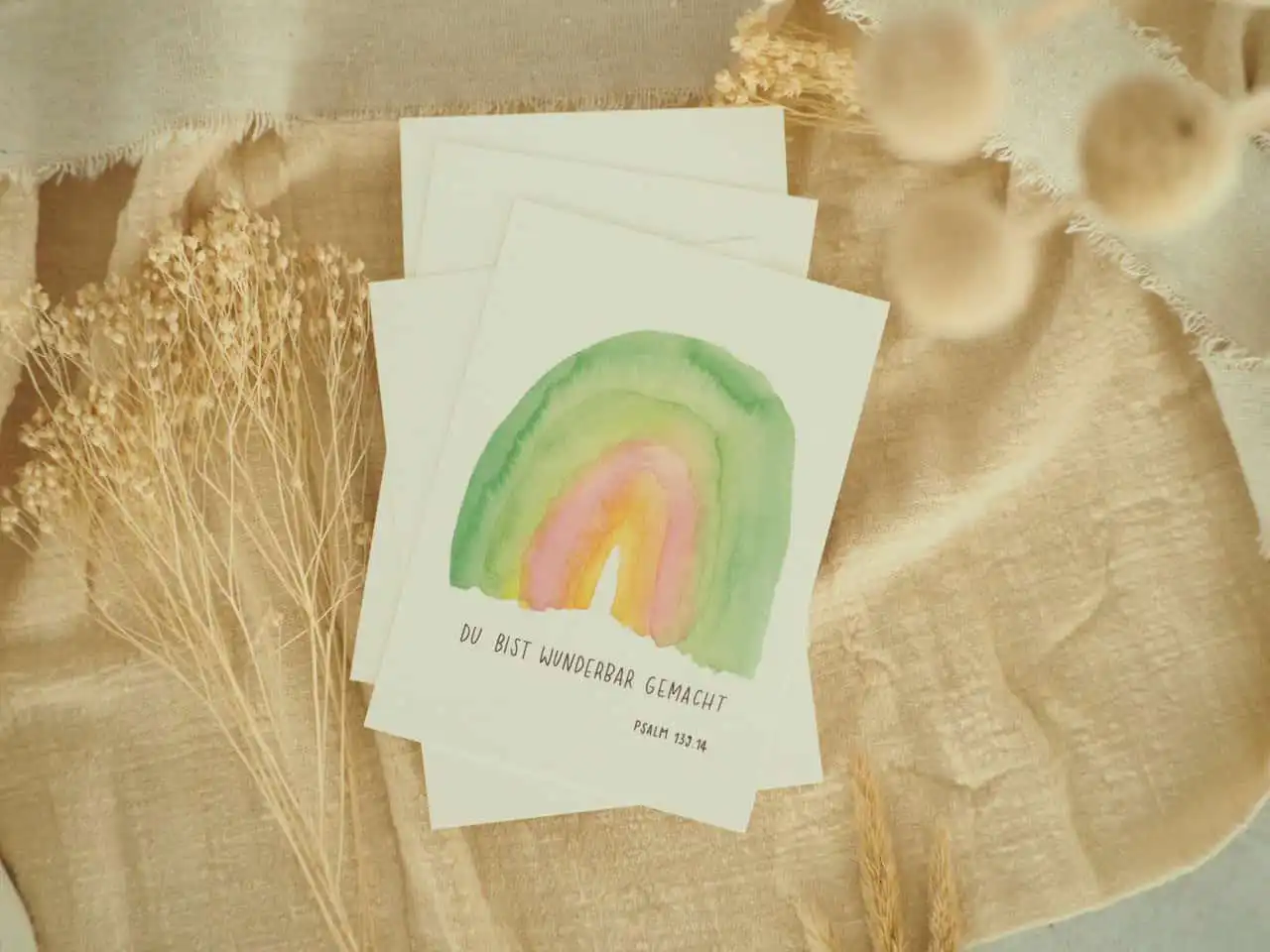 Gottes Segen Karte mit Regenbogen, christliche Grußkarte, Hoffnung und Glauben, Bibelvers Psalmen 133:14.