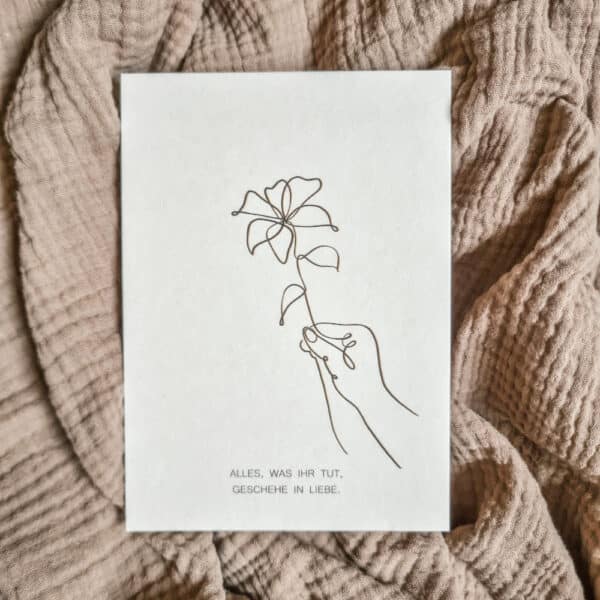 Handzeichnung einer Hand mit Blume, christliche Grußkarte, Liebe und Glauben, Geschenke für Christen.