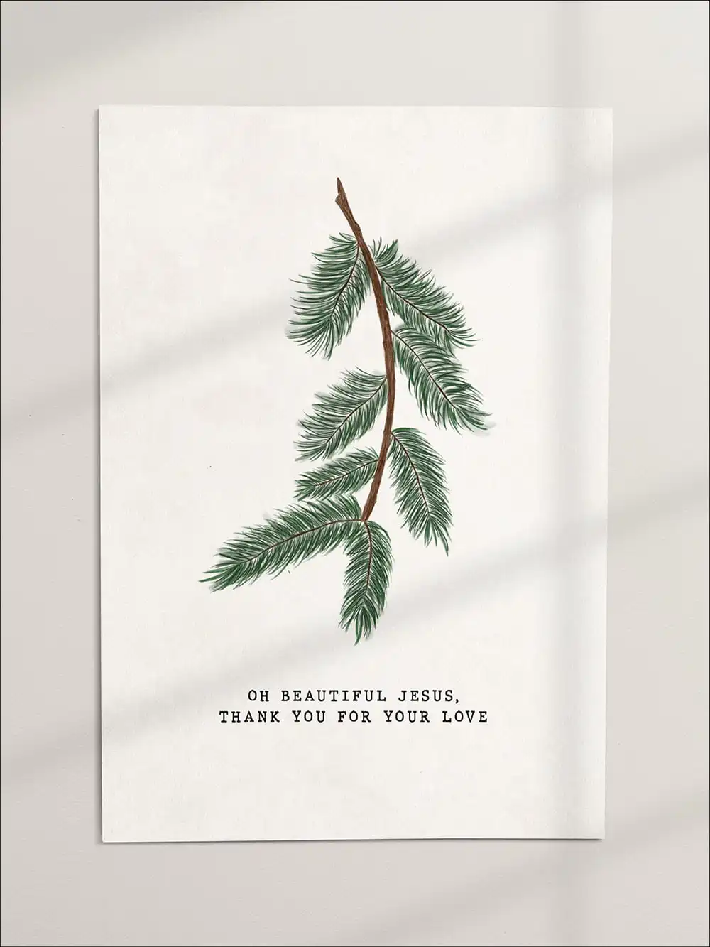 Naturzweig mit Tannennadeln, christliche Grußkarte, Weihnachtsbotschaft, christliche Grüße.