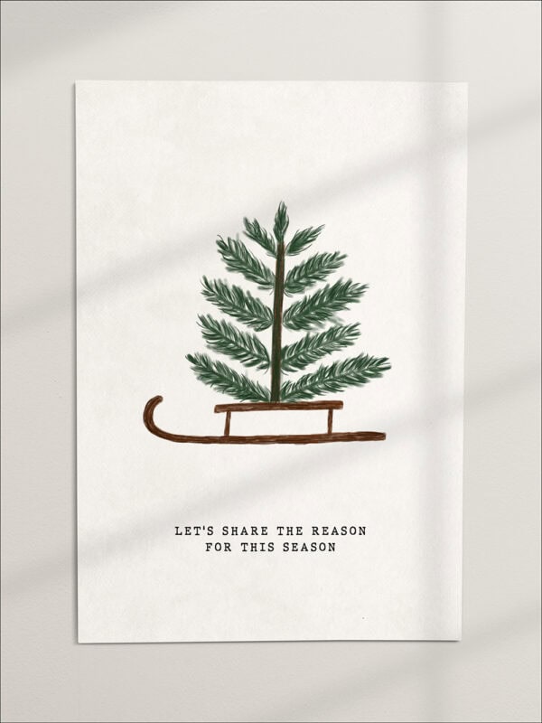 Frohe Weihnachtskarte mit Tannenzweig auf Holzschlitten, christliche Weihnachtsgrußdekoration.