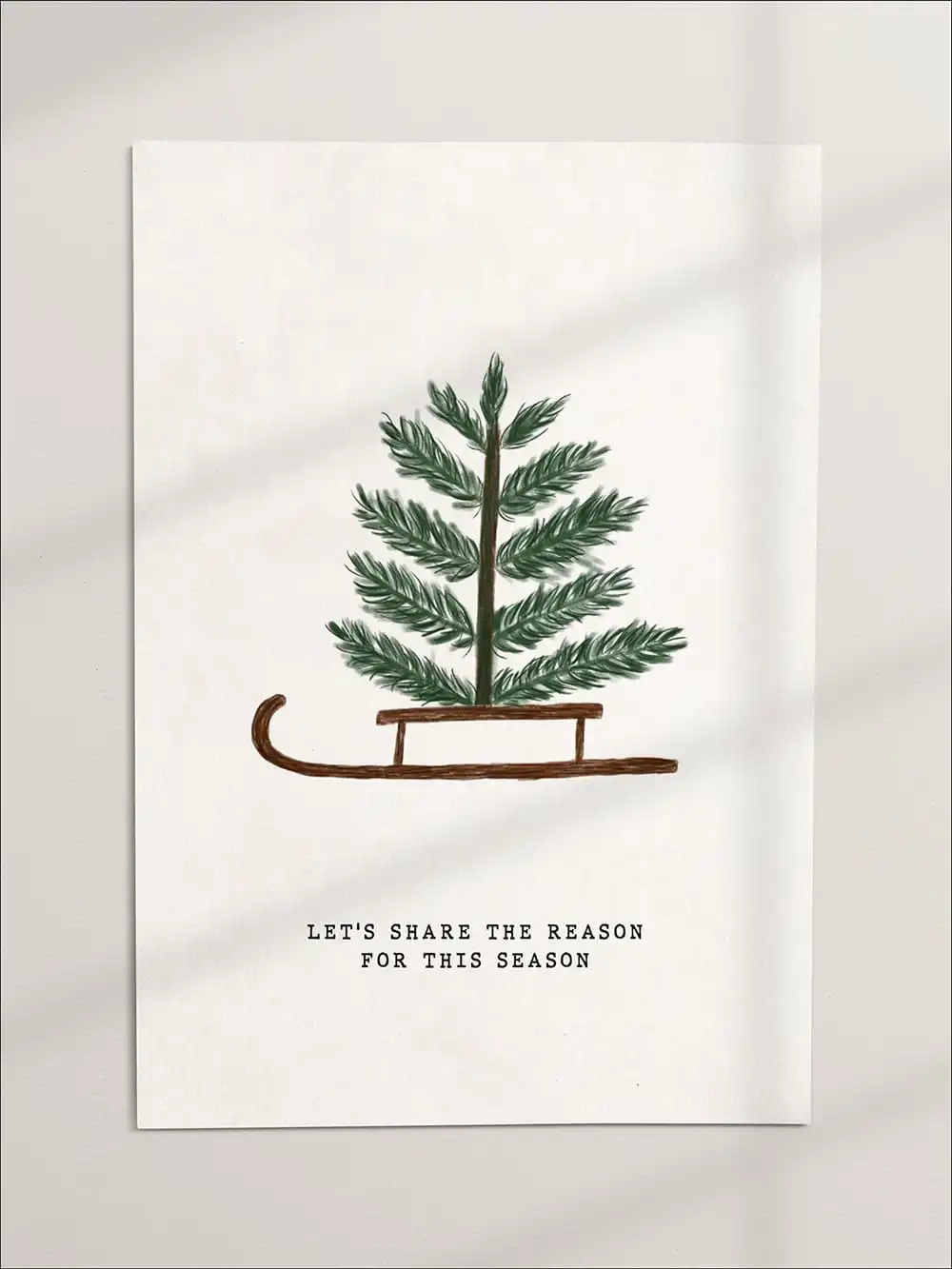 Frohe Weihnachtskarte mit Tannenzweig auf Holzschlitten, christliche Weihnachtsgrußdekoration.