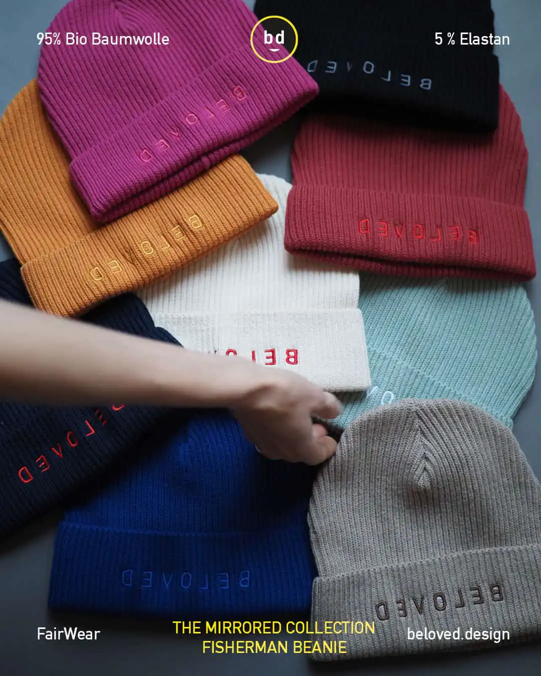 BELOVED Beanie | Aloe | Fairwear | 95% Bio-Baumwolle | Mirrored Collection 4 Verschiedene bunte Fischer-Mützen aus Bio-Baumwolle und Elastan, nachhaltige Modestruktur.