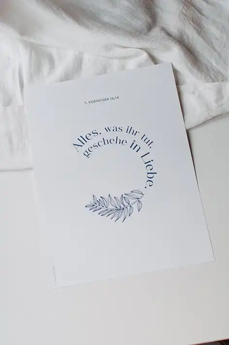 Glaubenszitate auf christlichem Druck in weißem Rahmen, liebevoll gestaltet.