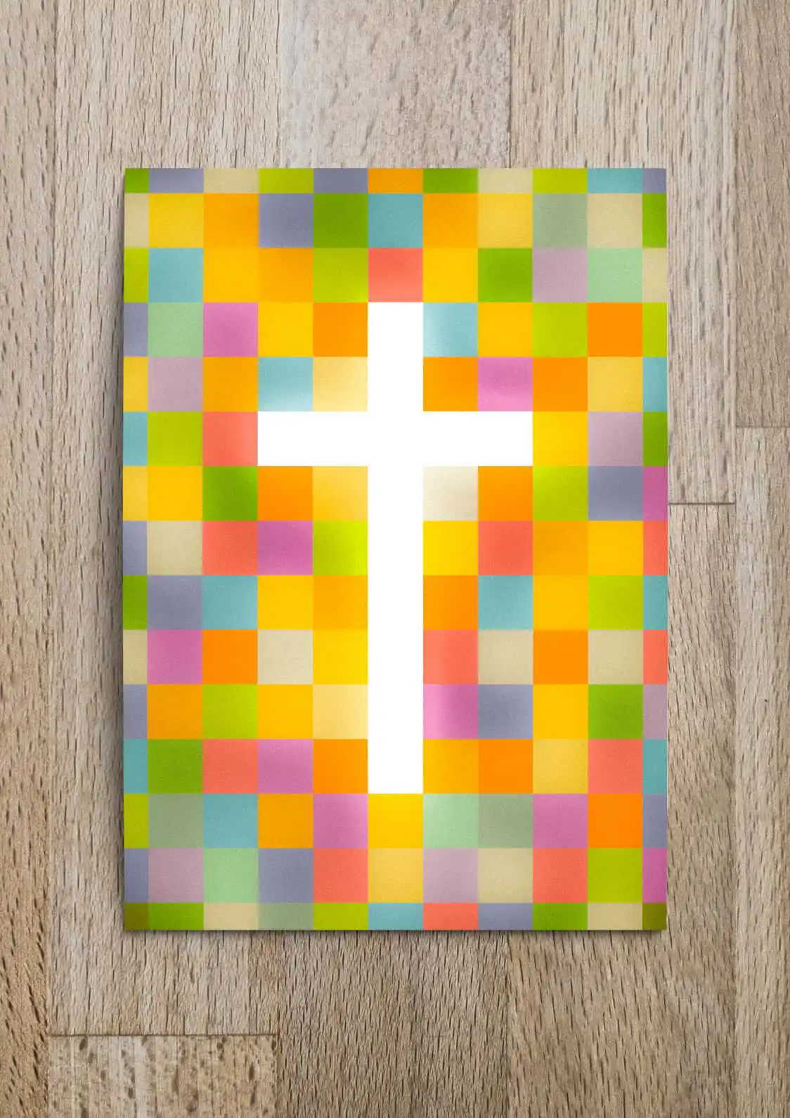 Osterkarten Super-Set: 5 verschiedene Motive 2 Vielfaltige bunte Pixelkreation mit christlichem Kreuzsymbol auf Mookho.de.