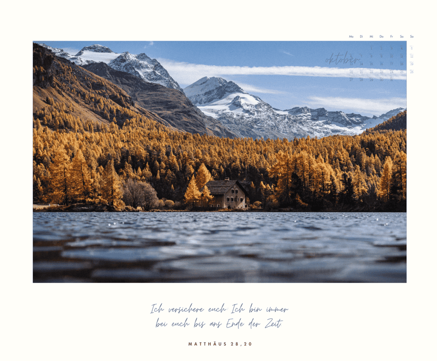 Design Kalender 2025 3 Naturkulisse mit Bergen, Fluss und Herbstbäumen für christliche Souvenirs und Marken.