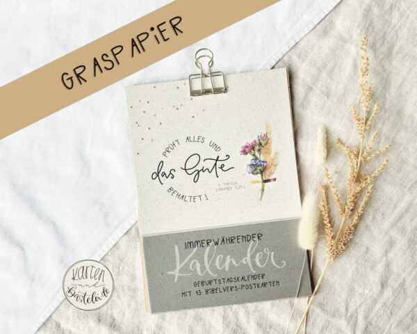 Handgefertigter christlicher Kalender mit Postkarten für Geburtstagsgrüße.