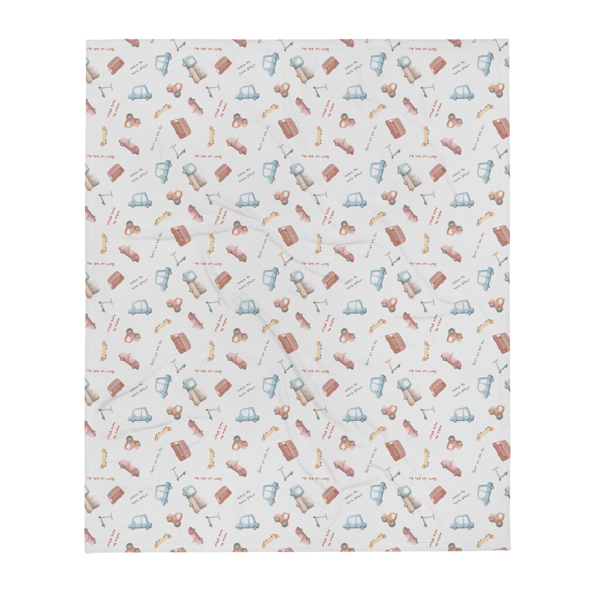 Kuscheldecke Autos Josua 1:9 3 Bunt bedrucktes Geschenkpapier mit Autos, Tieren und Fahrzeugmotiven für christliche Kinderprodukte.