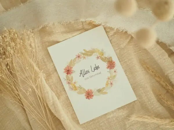 Blumengeschmückte Geburtstagskarte mit dem Text "Alles Liebe zum Geburtstag" auf natürlichem Stoffhintergrund.