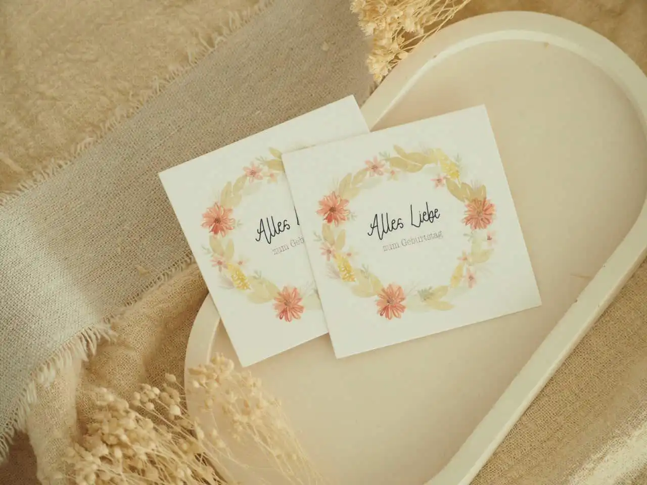 Karten zum Geburtstag, Minikartenset, 6er Set 6 Selbstgebastelte Geburtstagskarte mit Blumenkranz und christlichem Gruß.