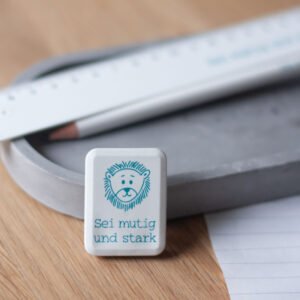 Christliches Schreibset für Kinder mit Löwenmotiv und dem Spruch „Sei mutig und stark“ – bestehend aus Lineal, Bleistift und Radiergummi,