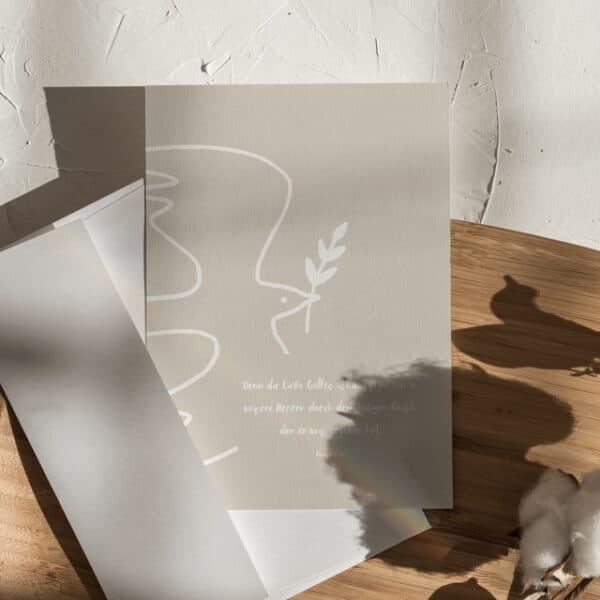 Lebensfrohe christliche Grußkarte mit biblischen Zitaten und religiösen Motiven.