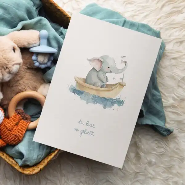 Liebevolle Geburtstagskarte mit Elefantenmotiv und christlichen Spruch für Kinder.