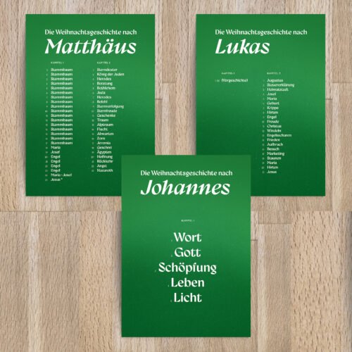 Die Weihnachtsgeschichte nach Lukas, Matthäus, Johannes. Christliche Weihnachtskarte.