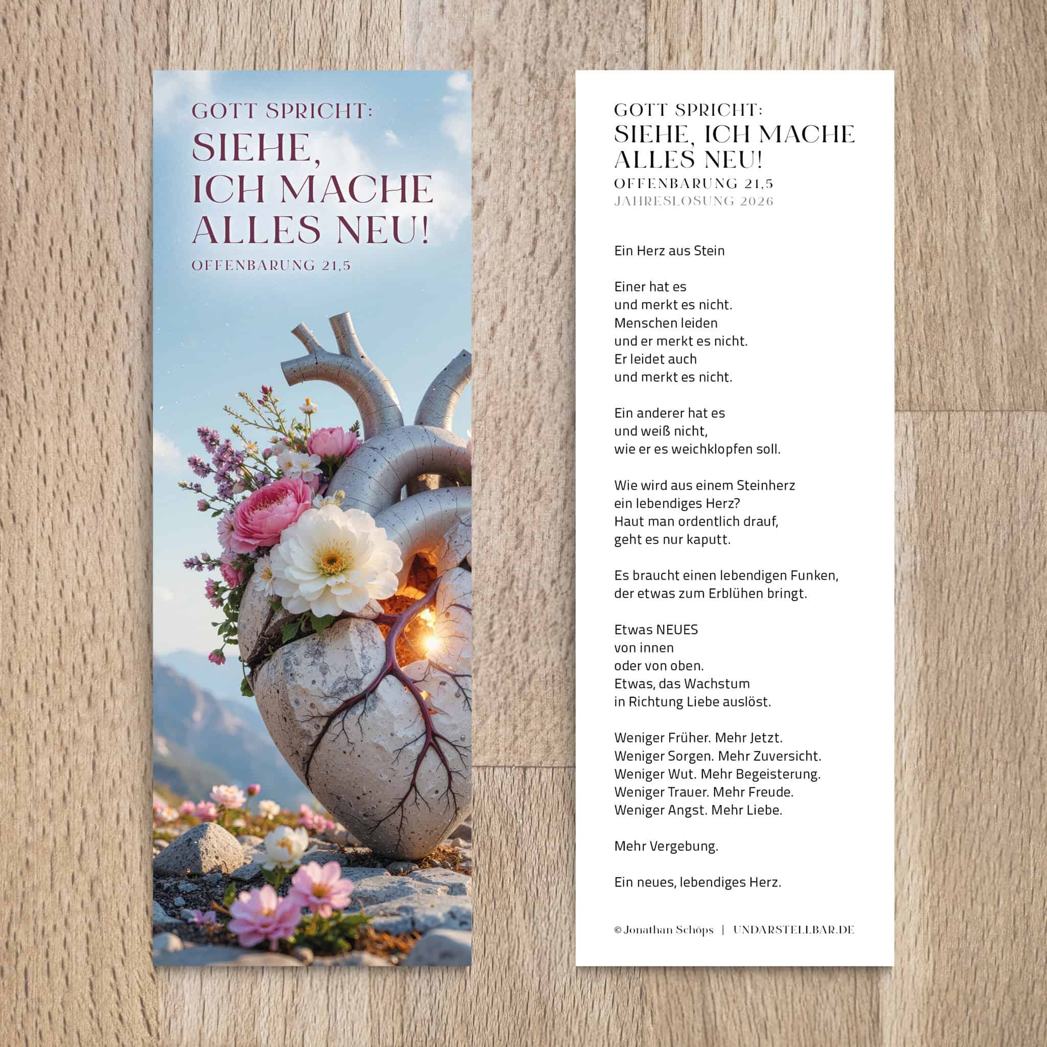 Jahreslosung 2026 Lesezeichen mit Gedicht Motiv Herz 1 Blumenarrangement am christlichen Herzen mit Blumen und Heizung, symbolisch für Glaube.