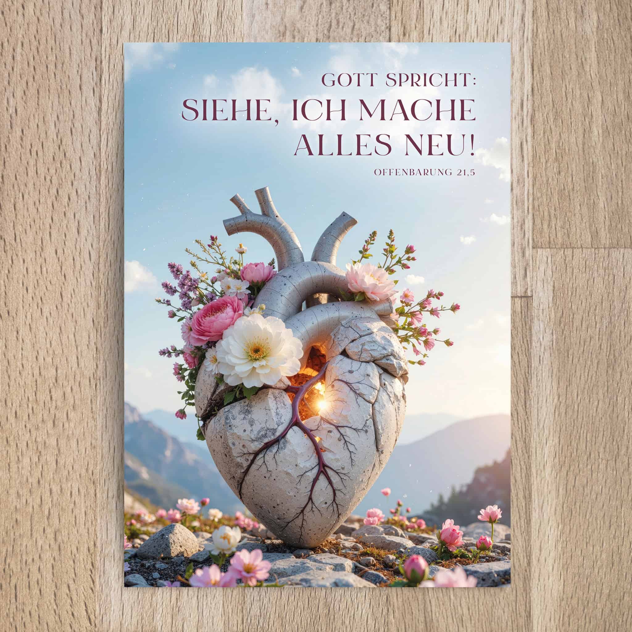 Jahreslosung 2026 Postkarte Motiv Herz 1 Herz aus Beton mit Blumen und Sonnenlicht, christliche Symbolik, geistliche Inspiration, religiöses Bild.