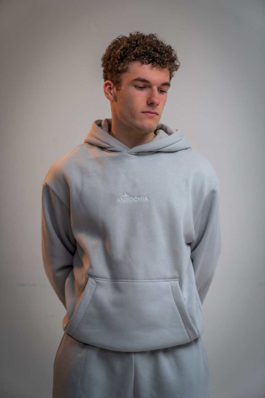 Moderner Grauer Hoodie Mit Religiösem Aufdruck, Christliche Mode, Pastoral Kleidung.