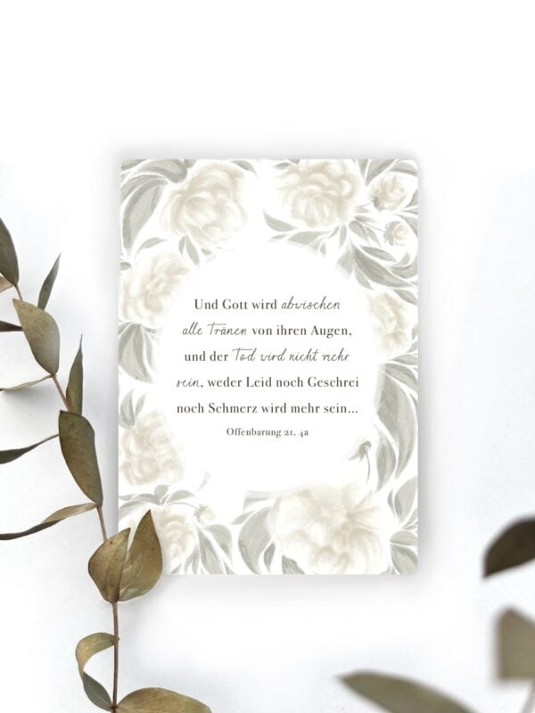 Trauerkarte mit Blumenmuster und tröstlichem Spruch, Beileidsgedicht, elegantes Design.