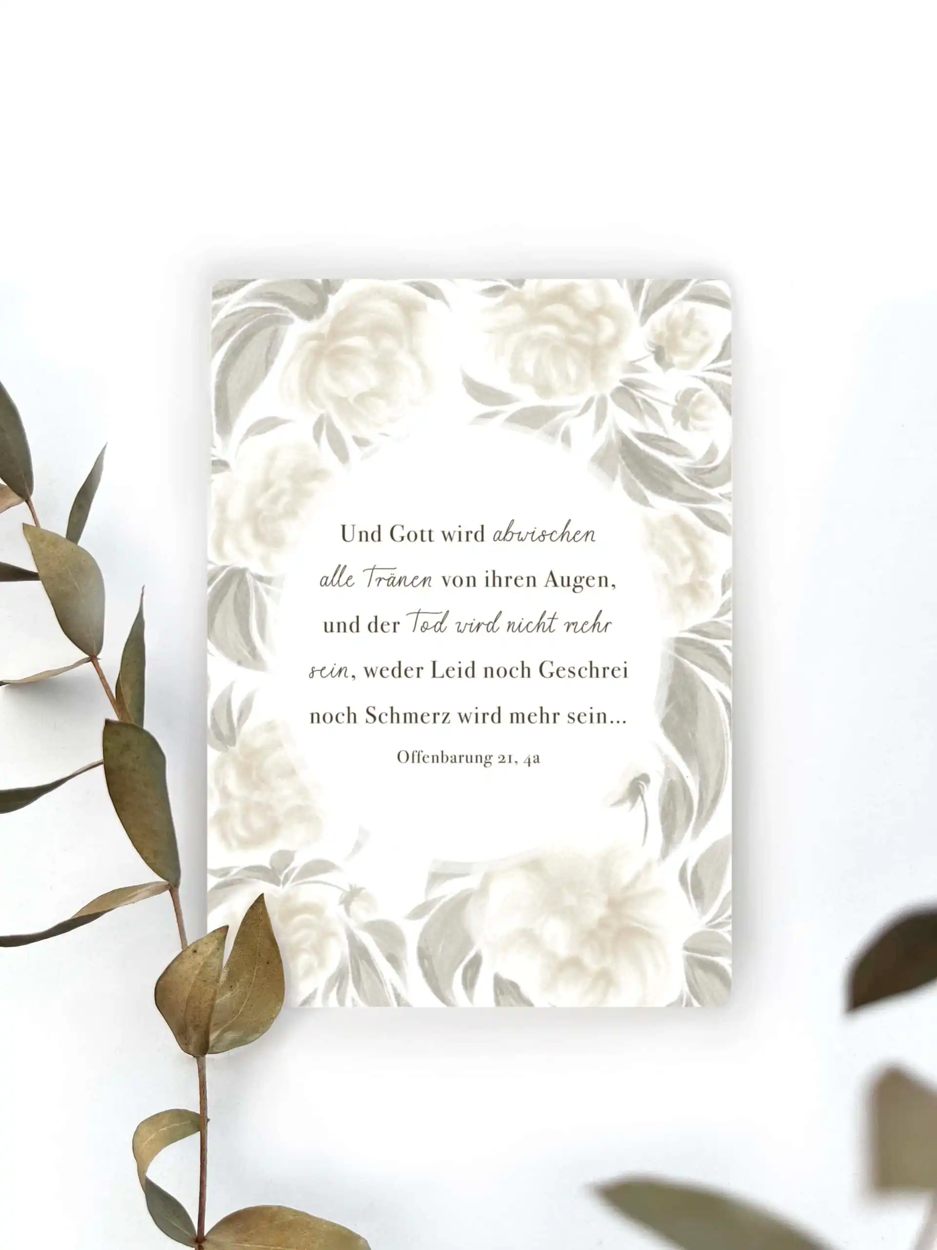 Trauerkarte mit Blumenmuster und tröstlichem Spruch, Beileidsgedicht, elegantes Design.