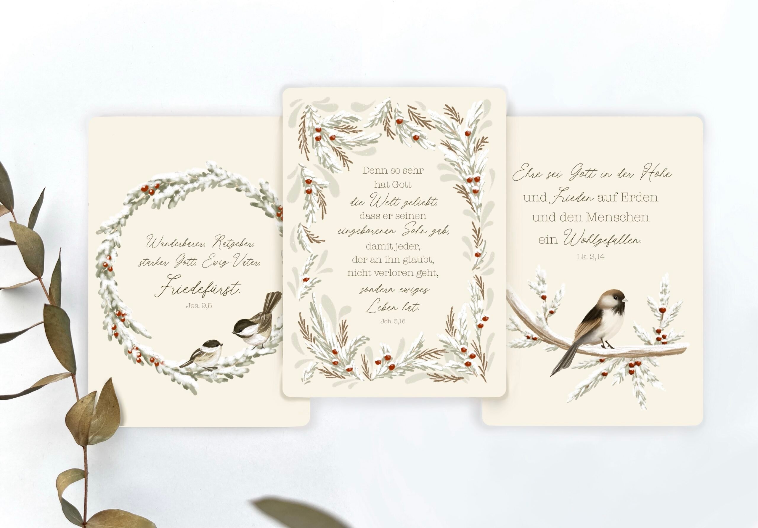 Feine Weihnachtskarten mit Vogeldesign und zarten Naturmotiven in Pastellfarben.