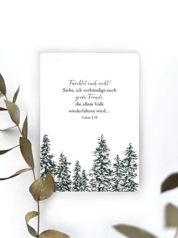 Segnungskarte mit Weihnachtsbaum-Design und Bibelvers Lukas 2,10.