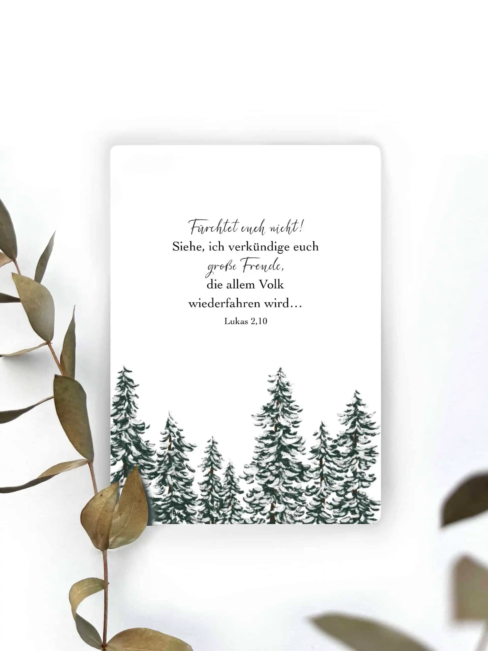 Segnungskarte mit Weihnachtsbaum-Design und Bibelvers Lukas 2,10.