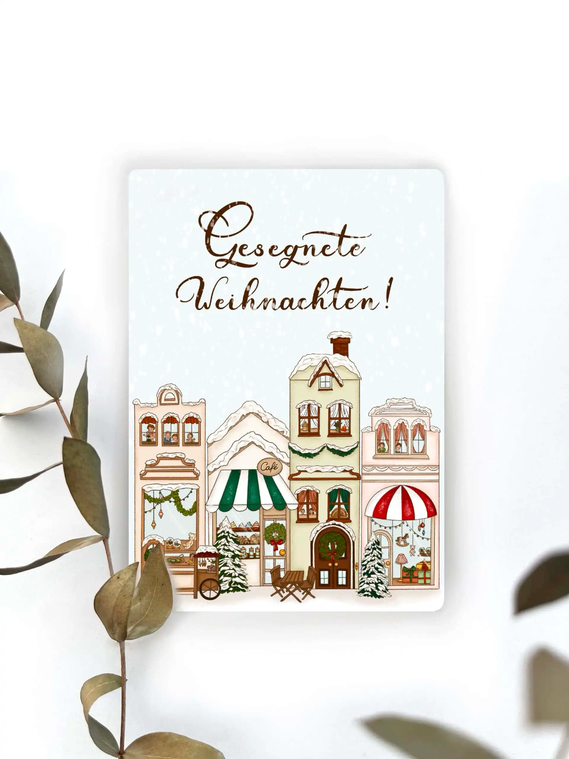 Festliche Weihnachtskarte mit winterlichen Hausmotiven und der Aufschrift "Gesegnete Weihnachten"!.