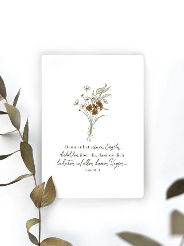 Blumenillustration mit Bibelvers auf weißem Hintergrund, dekoratives Gartendesign.