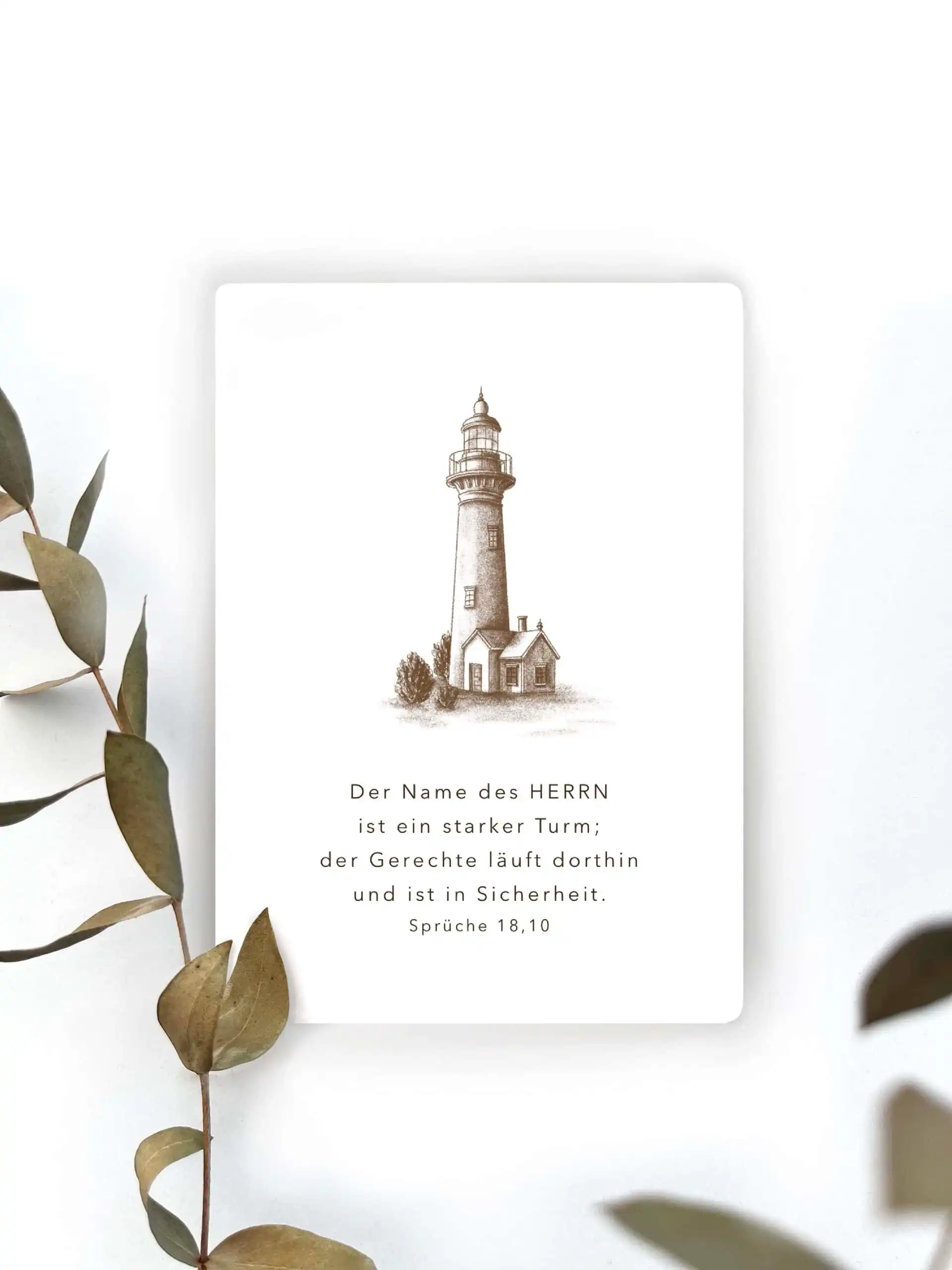 Leuchtturm Illustration mit Bibelvers auf weißem Hintergrund, Naturakzente, christliche Wanddekoration, Glauben und Sicherheit, Sprüche 18,10.