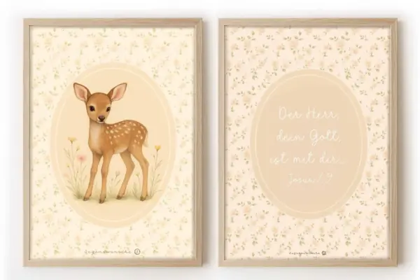 Niedliches Reh mit Blumen im Wald, christliche Kinderwandbilder, handmade Dekoration.