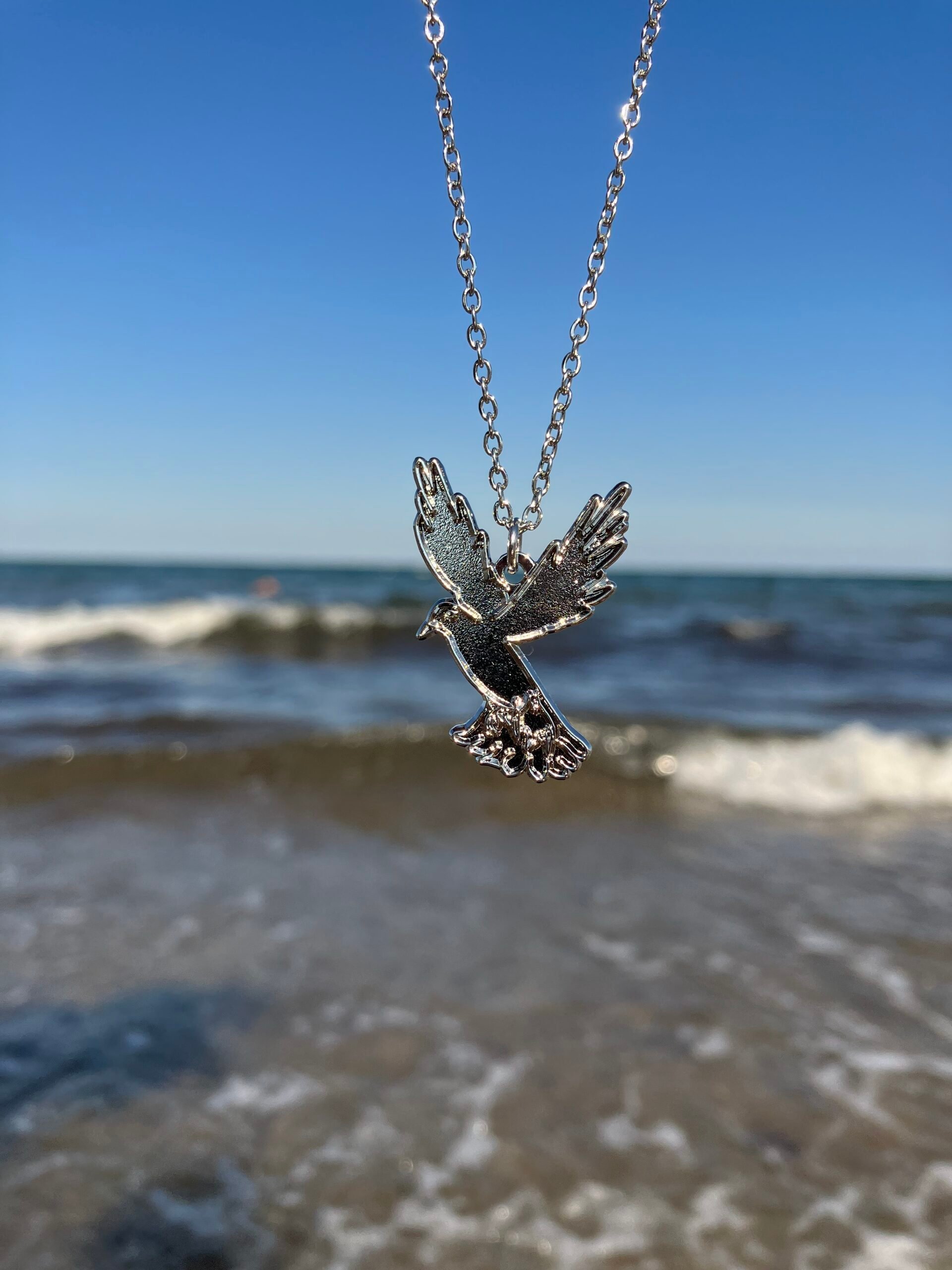 Schmuck für Christen, silberne Tauben-Halskette am Meer, christliche Geschenkidee.