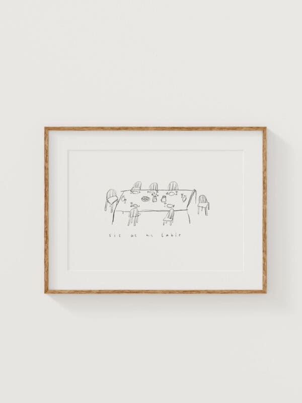 Minimalistisches Wandbild mit humorvoller Tischsituation, schönes christliches Dekor Design.