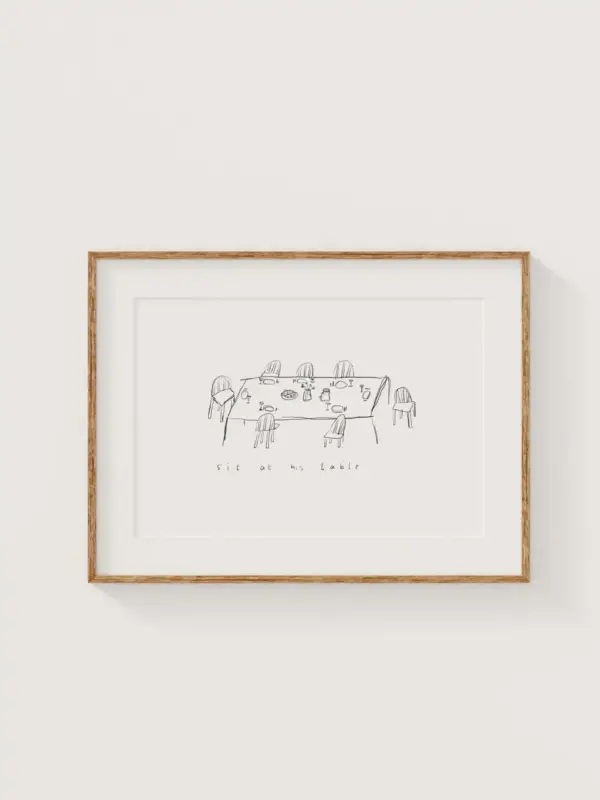 Minimalistisches Wandbild mit humorvoller Tischsituation, schönes christliches Dekor Design.