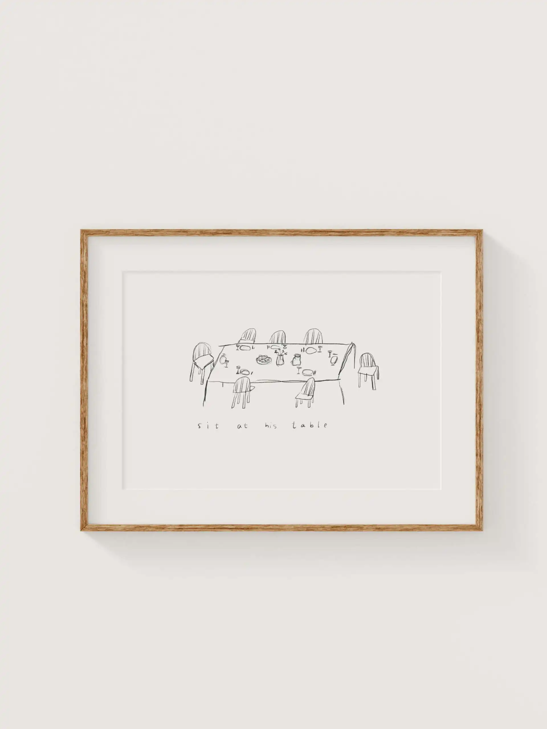 Minimalistisches Wandbild mit humorvoller Tischsituation, schönes christliches Dekor Design.