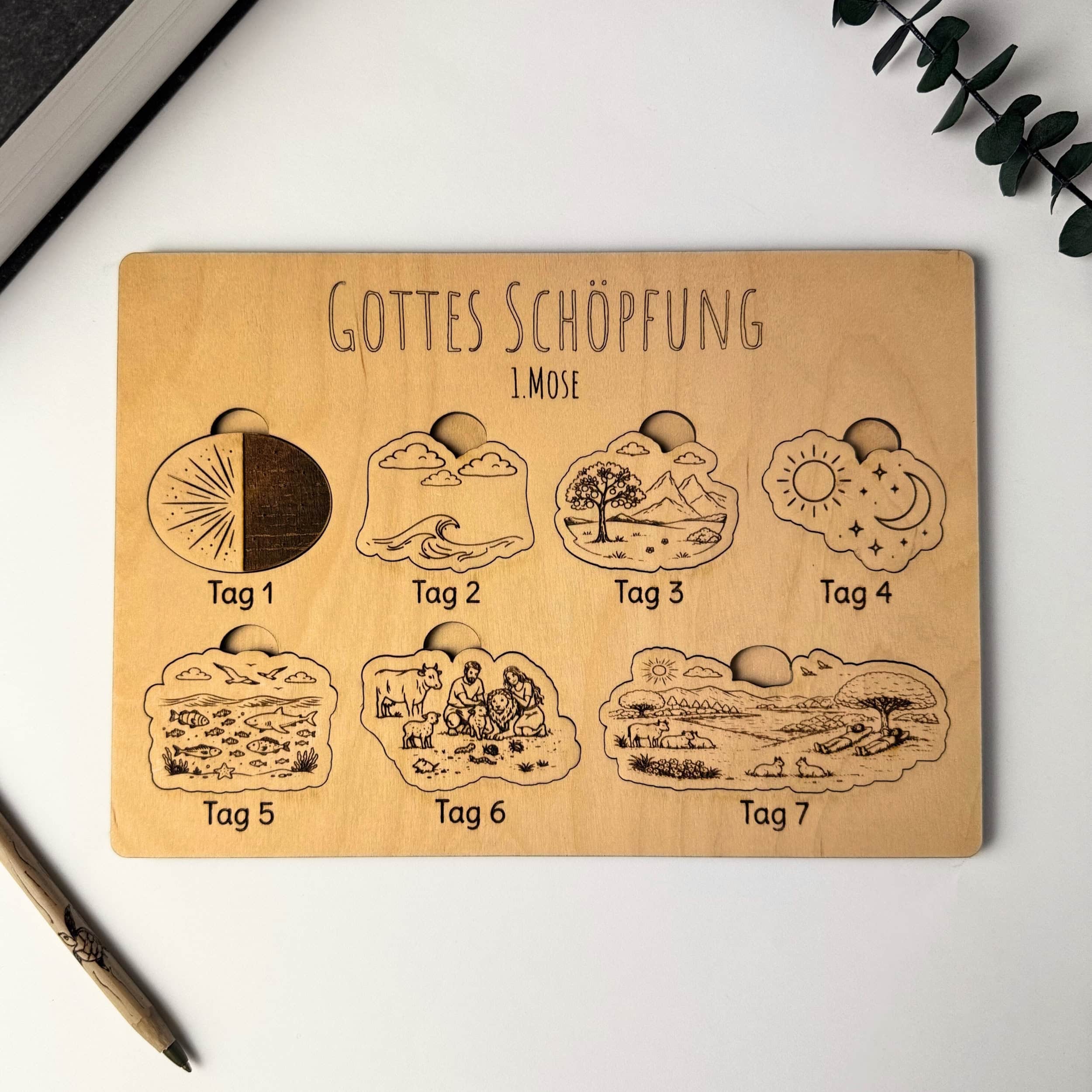 Gottes Schöpfung Holzpuzzle Mit Tagebildern Für Christen, Biblisches Lernspiel.