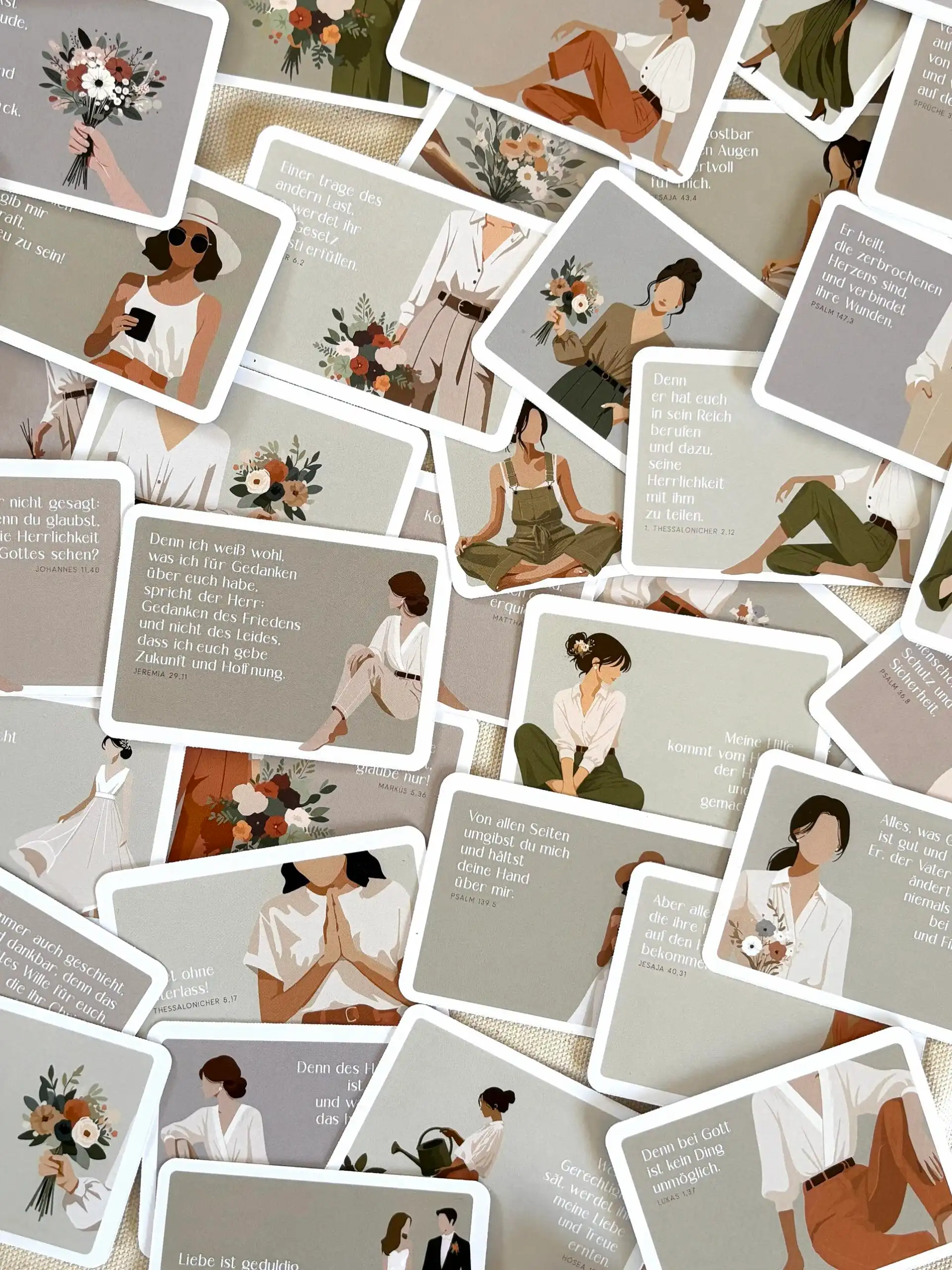 Blumenstrauß mit christlichen Symbolen und inspirierenden Zitaten, moderne Illustration.