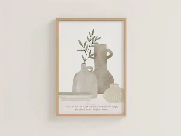 Gebundene christliche Bibelverse in stilvollem Rahmen, dekorative Vasen mit Pflanzen, christliche Wa.